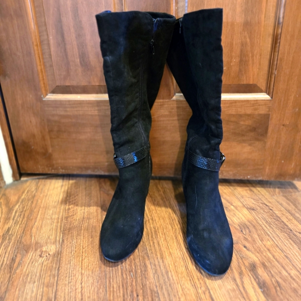 Black Suede and Croc Embellished knee High Boots